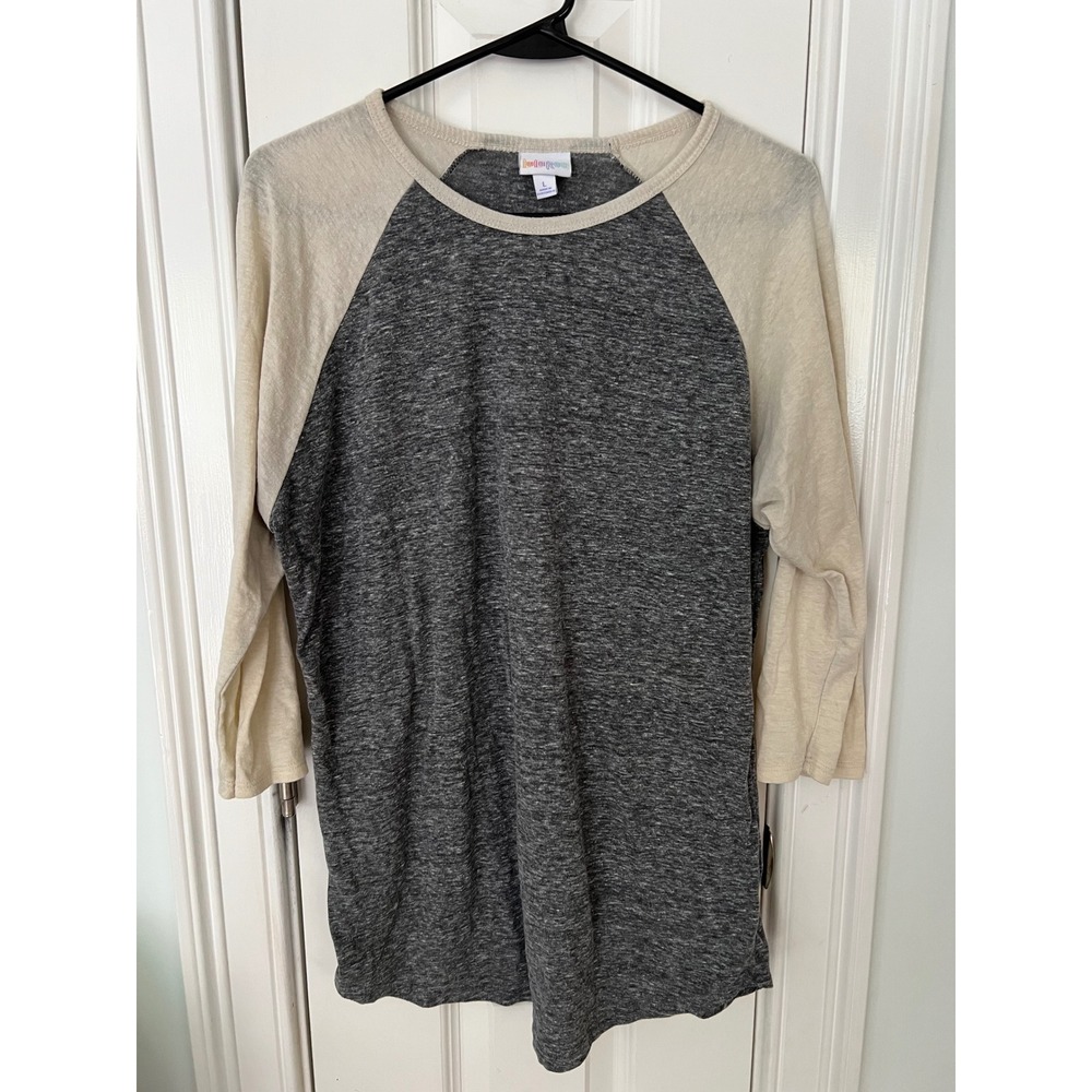 LuLaRoe Randy Baseball Tee Grey Cream Raglan 3/4 Sleeve Shirt Womens Large